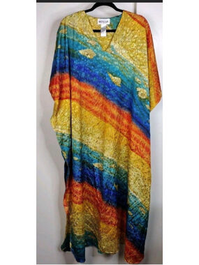 Women's Winlar Kaftan Dress One Size Blue Yellow Seashell Print silky trendy